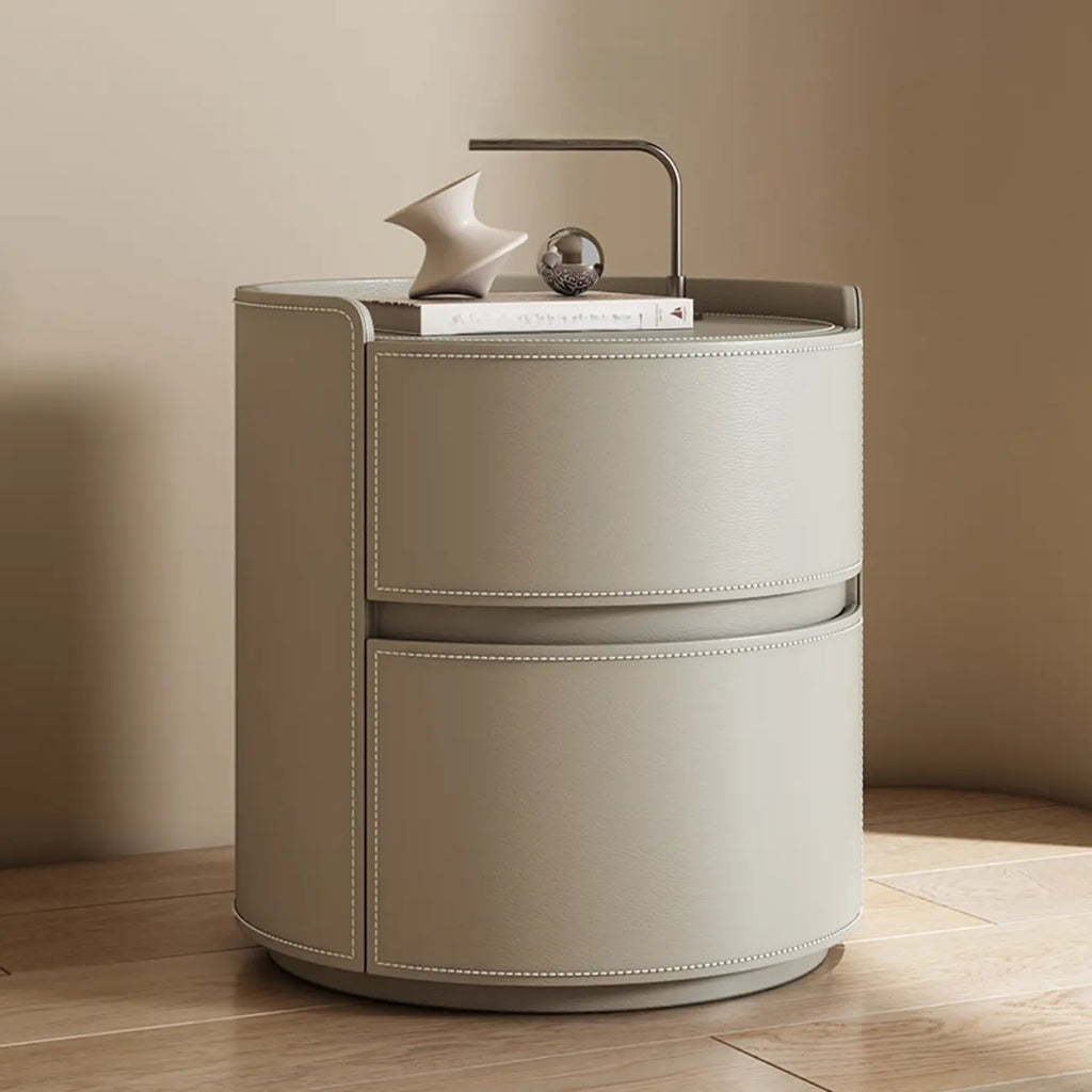 Comodino rotondo a 2 cassetti in pelle moderna