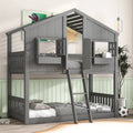 Letto a castello a casetta singolo su singolo con tetto, finestra, fioriera, porta, con sponde di sicurezza e scaletta, Grigio