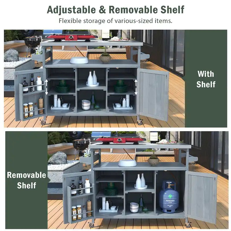Isola Cucina da Esterno, Carrello Bar con Ruote e Mobile Contenitore, Tavolo per Barbecue in Legno Massello con Piano in Acciaio Inox, Porta Spezie, Porta Asciugamani