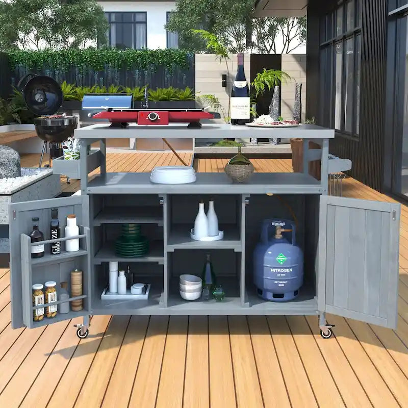 Isola Cucina da Esterno, Carrello Bar con Ruote e Mobile Contenitore, Tavolo per Barbecue in Legno Massello con Piano in Acciaio Inox, Porta Spezie, Porta Asciugamani