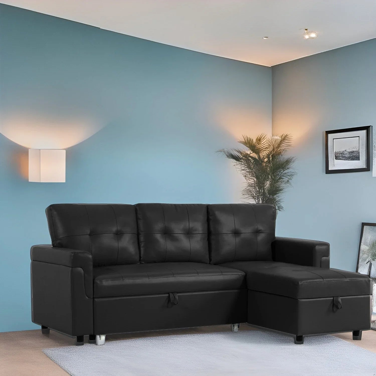 Divano sezionale reversibile con letto estraibile, chaise longue con contenitore nascosto, gambe durevoli,