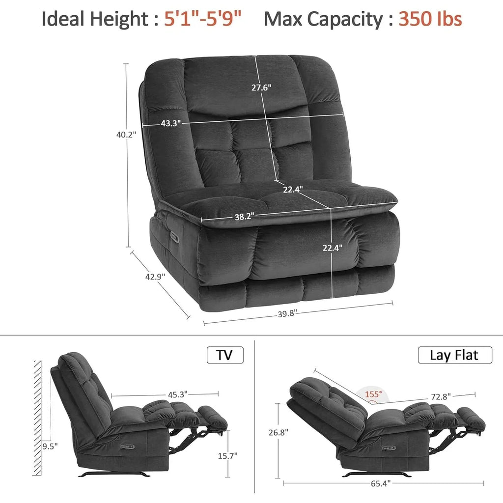 MCombo Poltrona Reclinabile Basculante Elettrica Oversize senza Braccioli con Doppio Motore, Reclinabile Zeroarms Perfetta per Soggiorno in Tessuto PR607