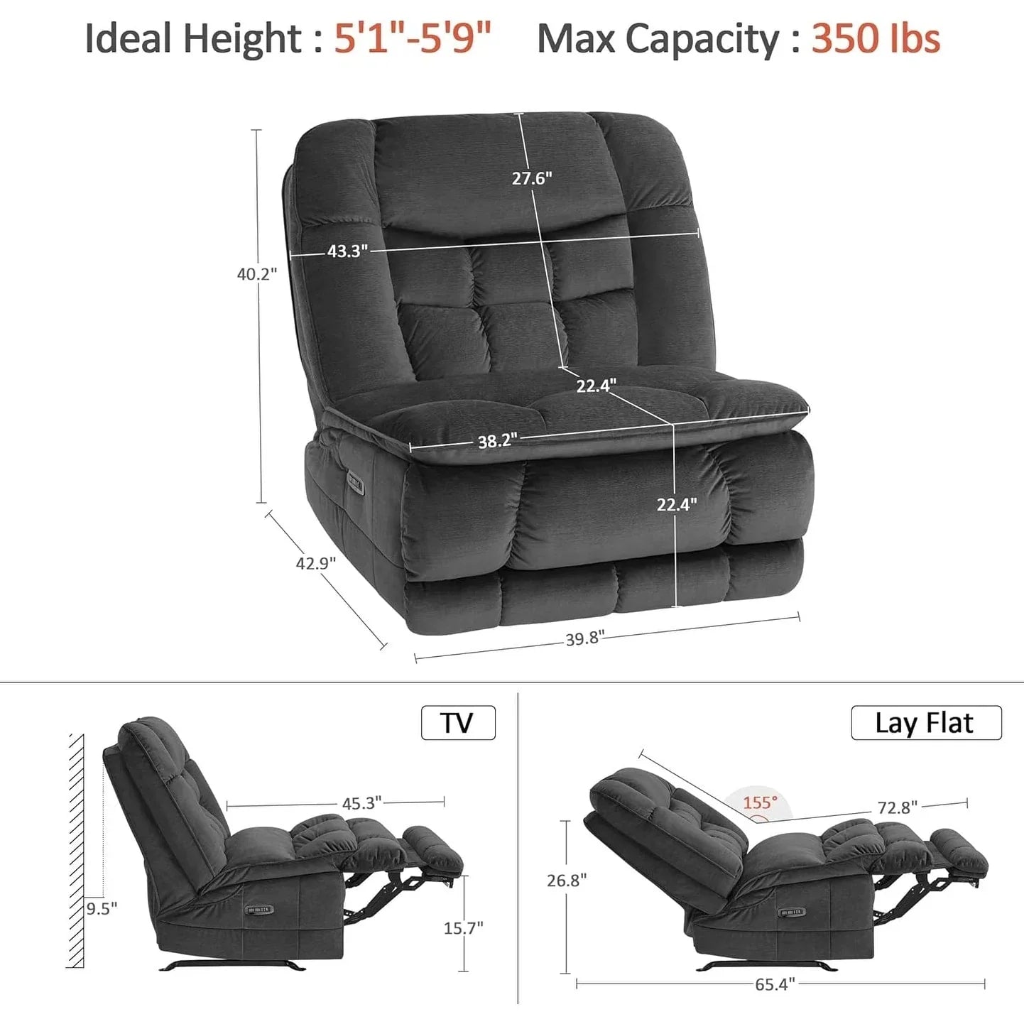 MCombo Poltrona Reclinabile Basculante Elettrica Oversize senza Braccioli con Doppio Motore, Reclinabile Zeroarms Perfetta per Soggiorno in Tessuto PR607