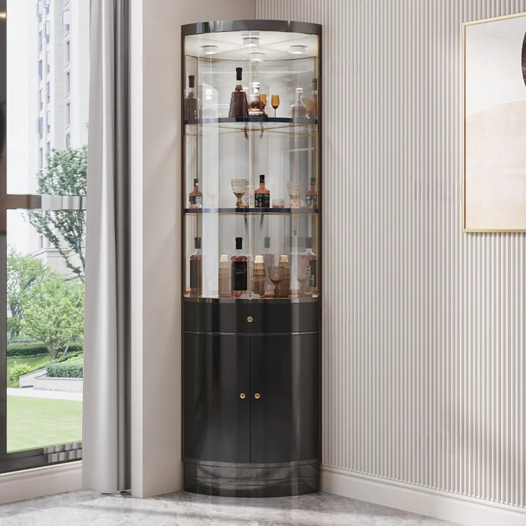 Mobile Bar Angolare con Scaffali Multipli in Vetro e Metallo per Esposizione