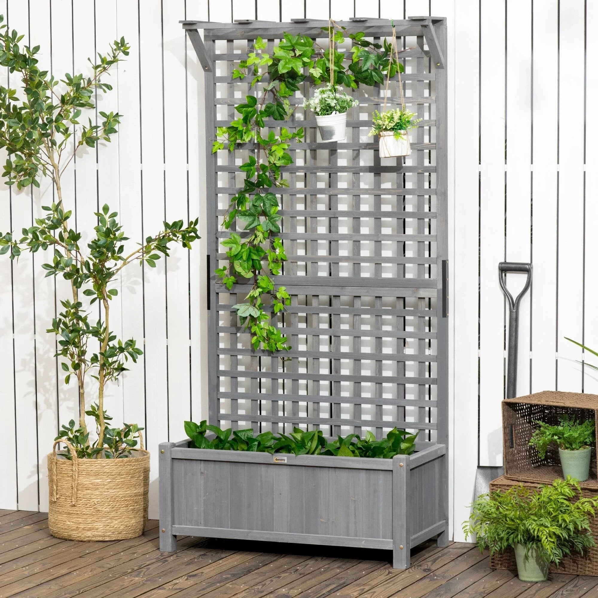 Fioriera in Legno con Spalliera, Letto da Giardino Rialzato per Piante Rampicanti con Fori di Drenaggio e Tetto