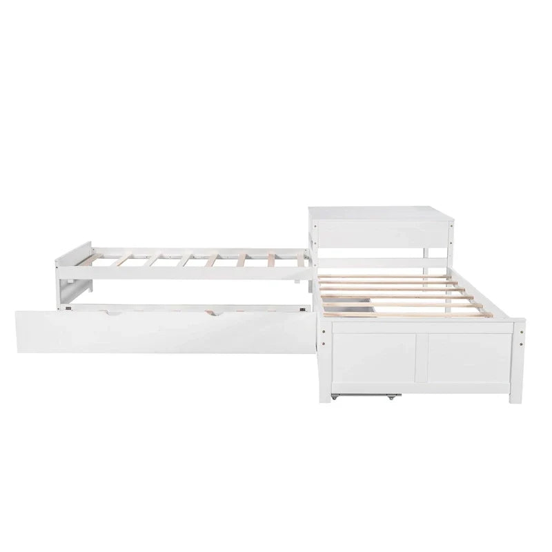 Letto a piattaforma a L moderno bianco per cameretta, dimensioni singole, con letto estraibile e cassetti
