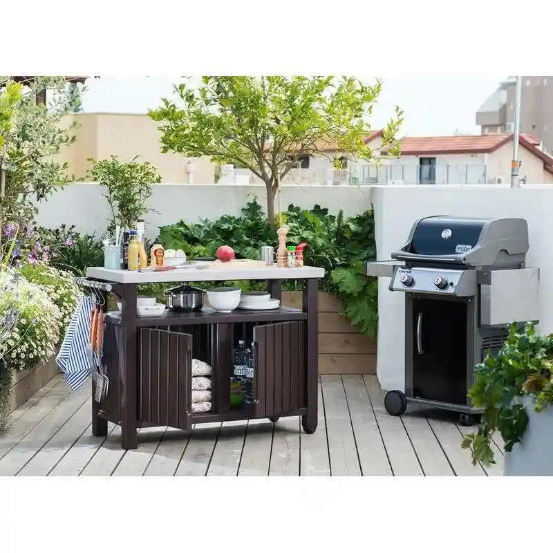 Carrello da bar per feste all'aperto con ruote, contenitore e ripiano portaoggetti, marrone scuro - 35,4 A x 48,7 L x 20,4 P