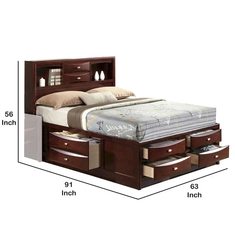 Letto a pannelli queen size con libreria e cassetti, marrone