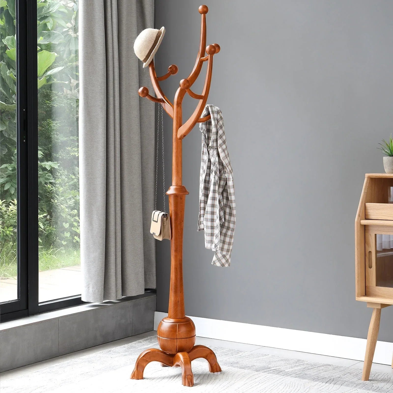 Appendiabiti da terra "ramo d'albero" in legno di gomma con 8 ganci - 24,5L x 70,87H