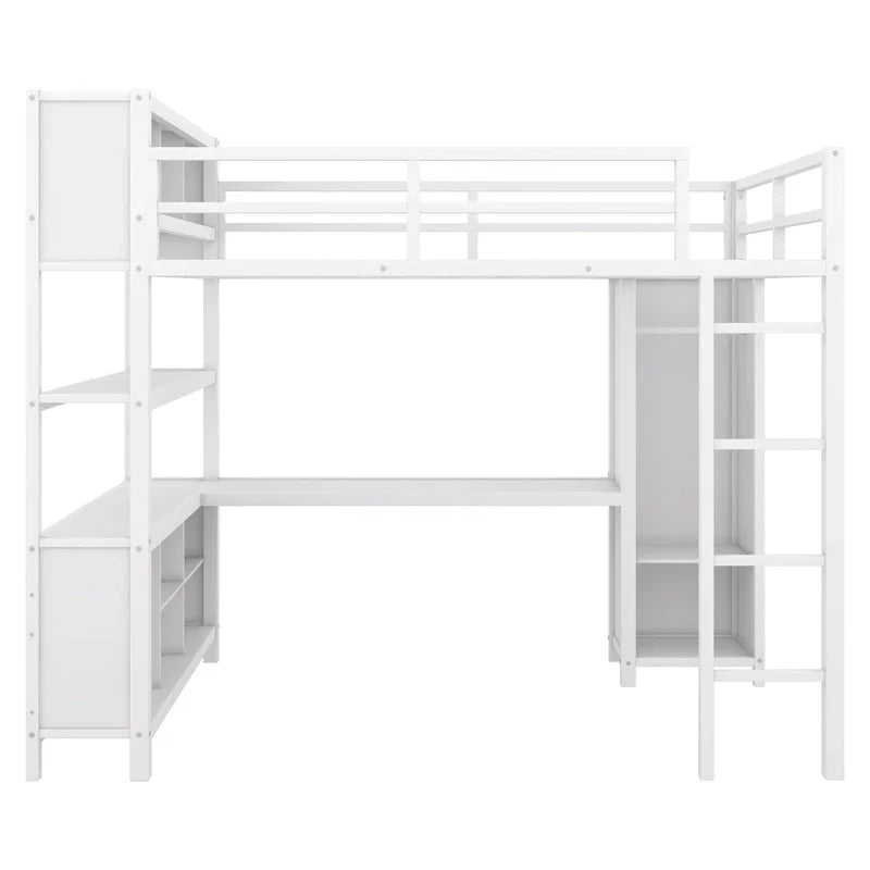 Letto a soppalco in metallo Off-White con scrivania e armadio - Matrimoniale