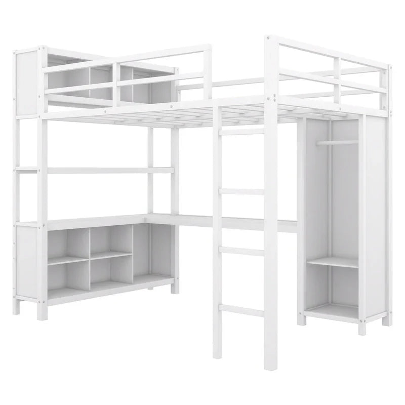 Letto a soppalco in metallo Off-White con scrivania e armadio - Matrimoniale