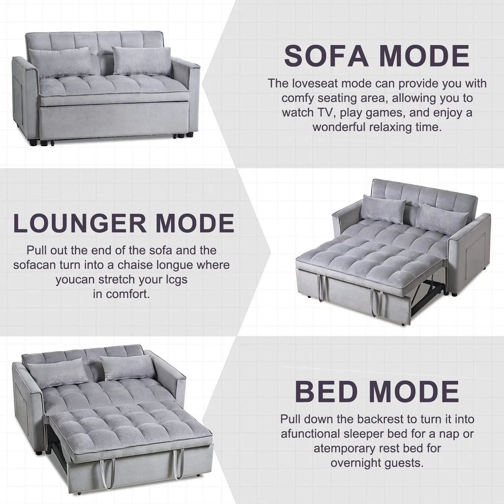 Moderno divano letto estraibile, divano letto 3-in-1 con schienale regolabile, divanetto in velluto, cuscini e tasche laterali
