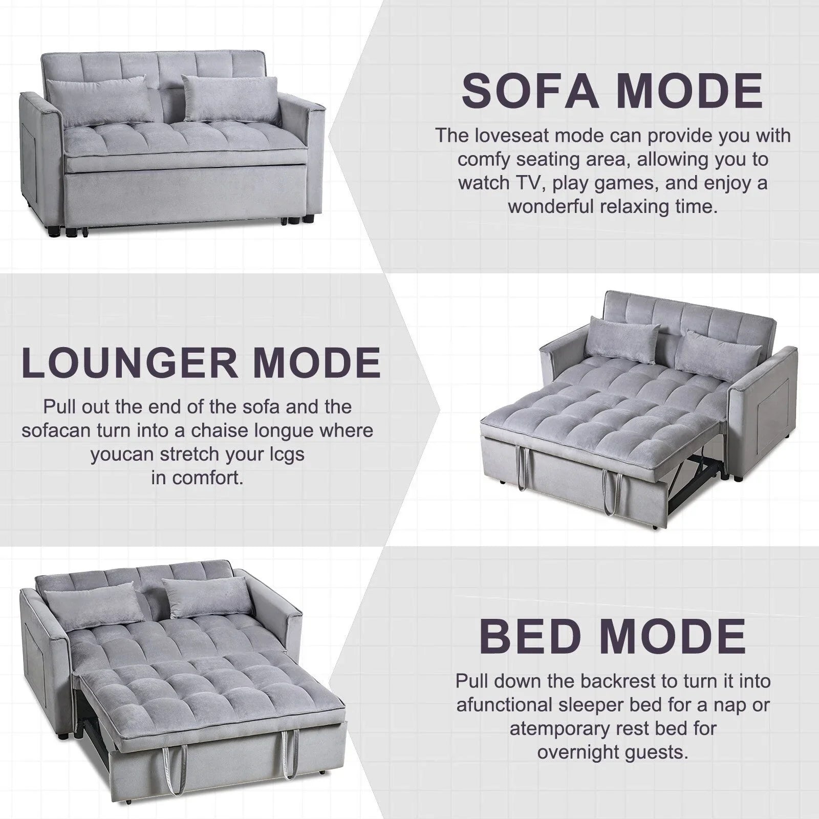 Moderno divano letto estraibile, divano letto 3-in-1 con schienale regolabile, divanetto in velluto, cuscini e tasche laterali