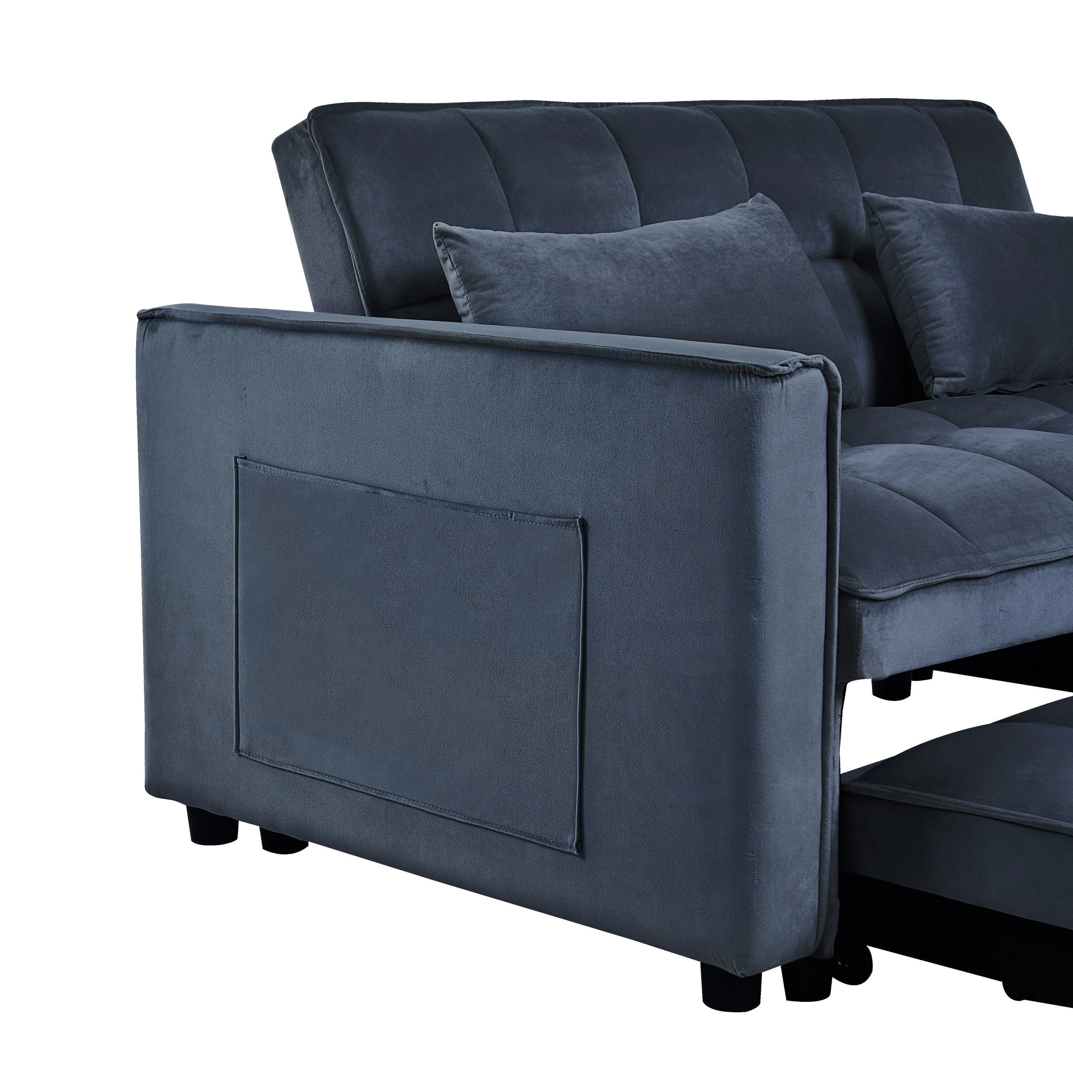 Moderno divano letto estraibile, divano letto 3-in-1 con schienale regolabile, divanetto in velluto, cuscini e tasche laterali