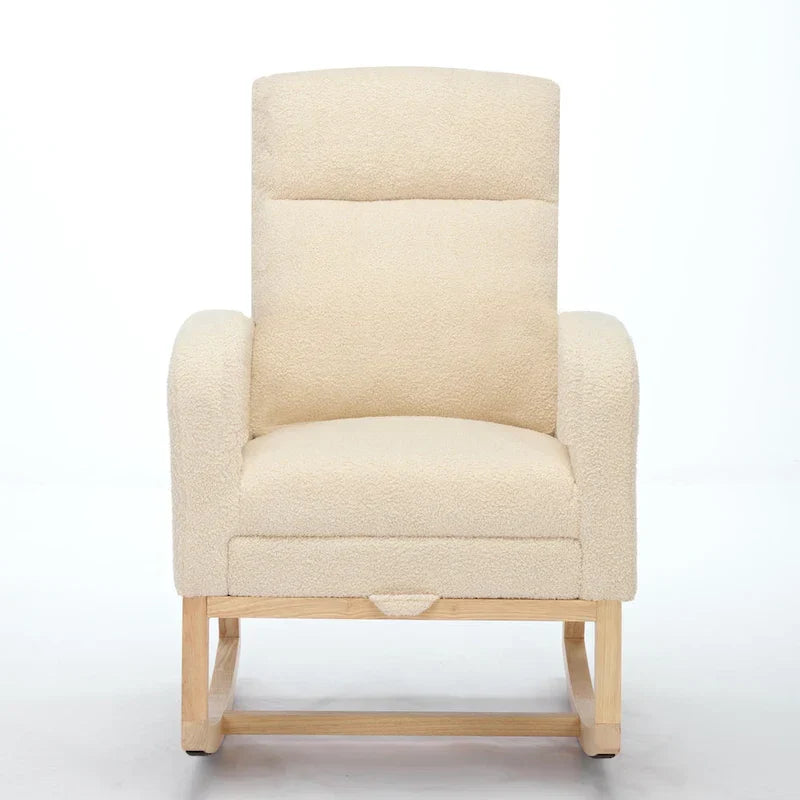 Poltrona a dondolo moderna con schienale alto da 75 cm, imbottita, con gambe in legno massello e poggiapiedi regolabile