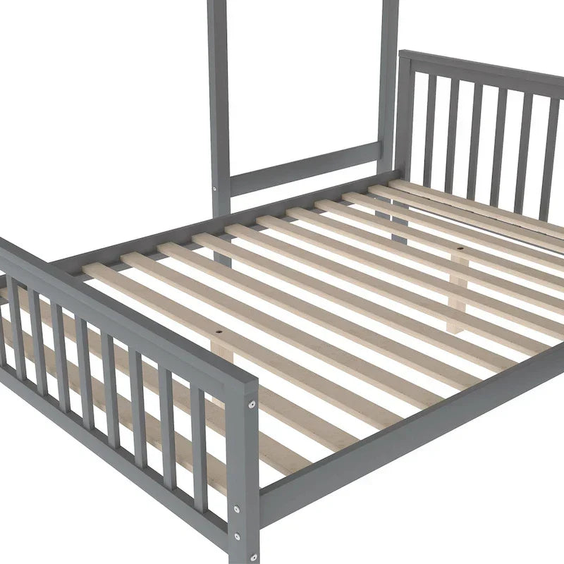 Letto a soppalco in legno per due persone con scale, sponde alte e scaletta
