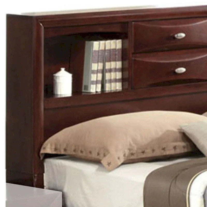Letto a pannelli queen size con libreria e cassetti, marrone