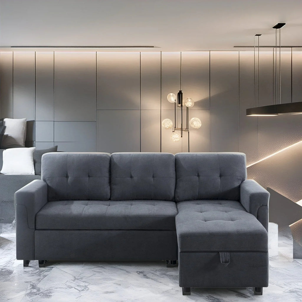 Divano sezionale reversibile con letto estraibile, chaise longue con contenitore nascosto, gambe durevoli,