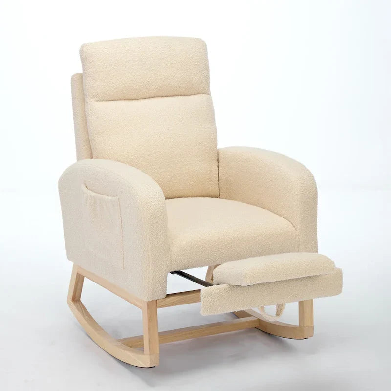 Poltrona a dondolo moderna con schienale alto da 75 cm, imbottita, con gambe in legno massello e poggiapiedi regolabile