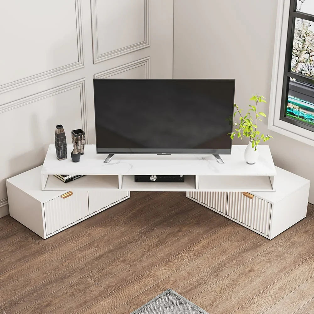 Mobile TV angolare con 2 cassetti e vani a giorno, bianco moderno
