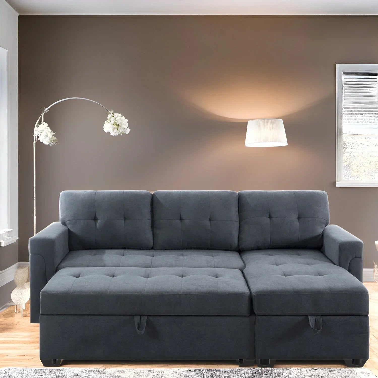 Divano sezionale reversibile con letto estraibile, chaise longue con contenitore nascosto, gambe durevoli,