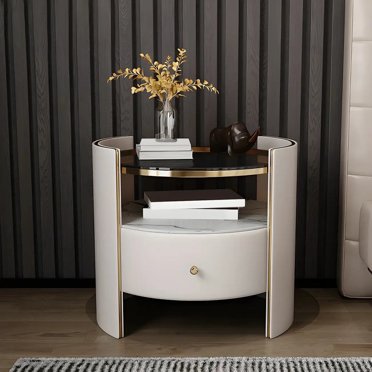 Comodino di Lusso con Piano in Vetro, Cassetto Contenitore e Vano Aperto