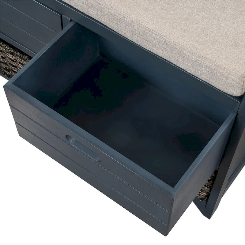 Panca contenitore in legno con 2 cesti in vimini