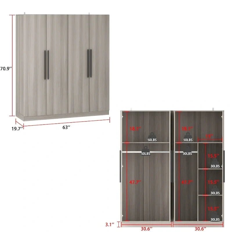 Armadio moderno freestanding in legno massiccio con ripiani