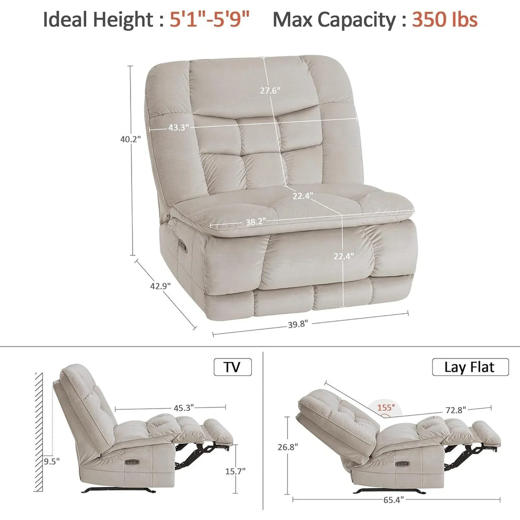MCombo Poltrona Reclinabile Basculante Elettrica Oversize senza Braccioli con Doppio Motore, Reclinabile Zeroarms Perfetta per Soggiorno in Tessuto PR607