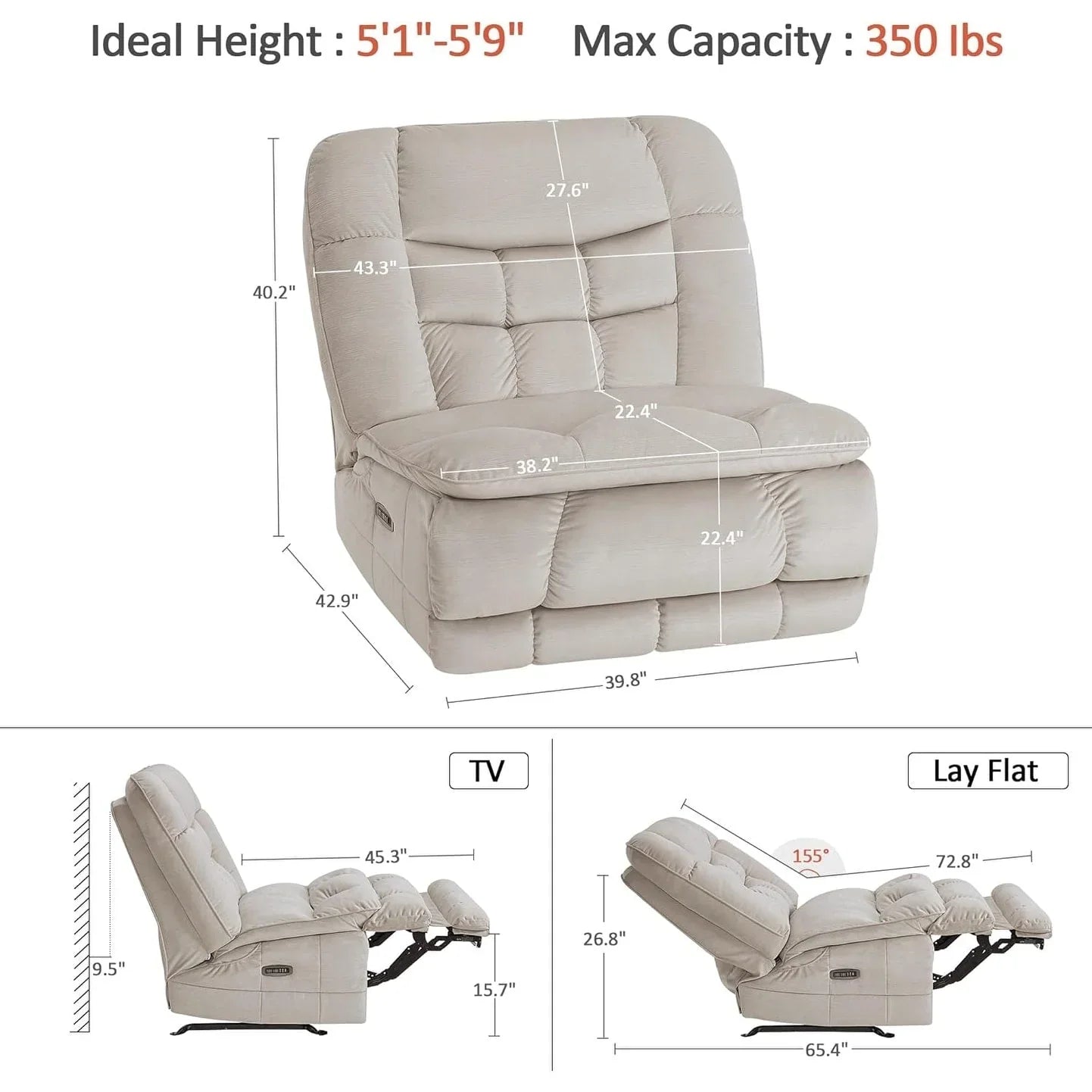 MCombo Poltrona Reclinabile Basculante Elettrica Oversize senza Braccioli con Doppio Motore, Reclinabile Zeroarms Perfetta per Soggiorno in Tessuto PR607