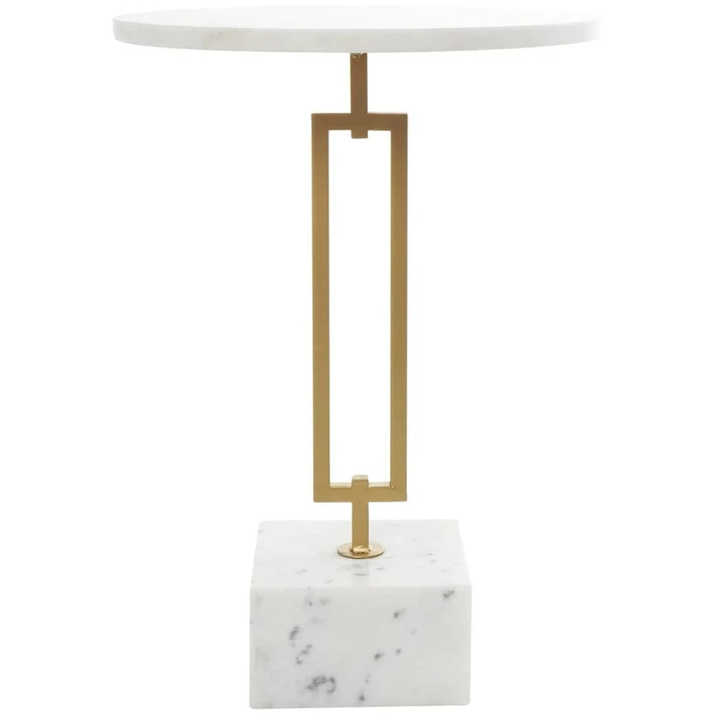 Tavolino d'appoggio/laterale geometrico in marmo con base rettangolare in metallo dorato - Bianco