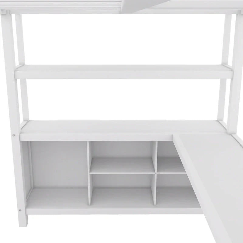 Letto a soppalco in metallo Off-White con scrivania e armadio - Matrimoniale