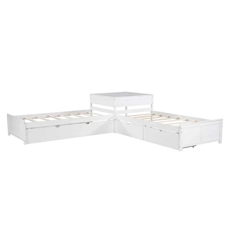 Letto a piattaforma a L moderno bianco per cameretta, dimensioni singole, con letto estraibile e cassetti