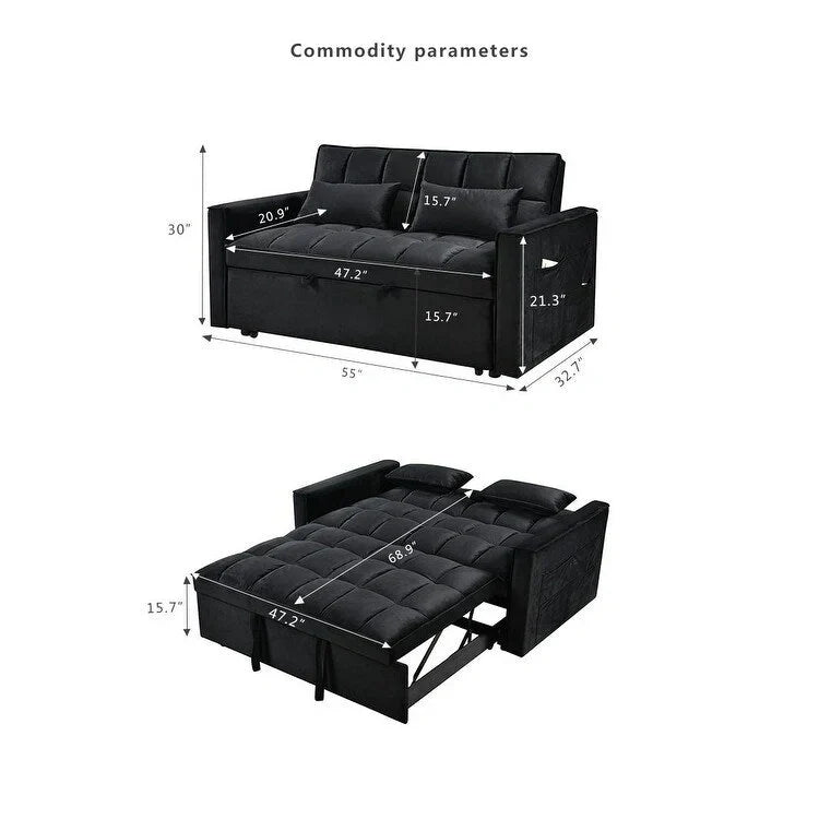 Divanetto Futon Moderno in Velluto con Schienale Reclinabile e Tasche, 2 Posti – Grigio Scuro / Grigio Chiaro / Blu / Nero