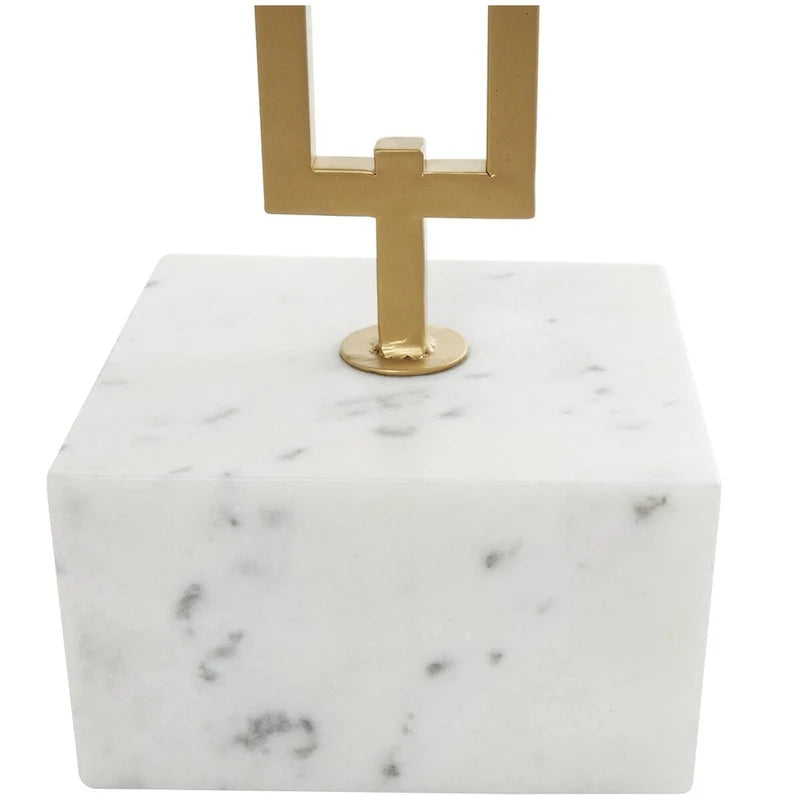 Tavolino d'appoggio/laterale geometrico in marmo con base rettangolare in metallo dorato - Bianco