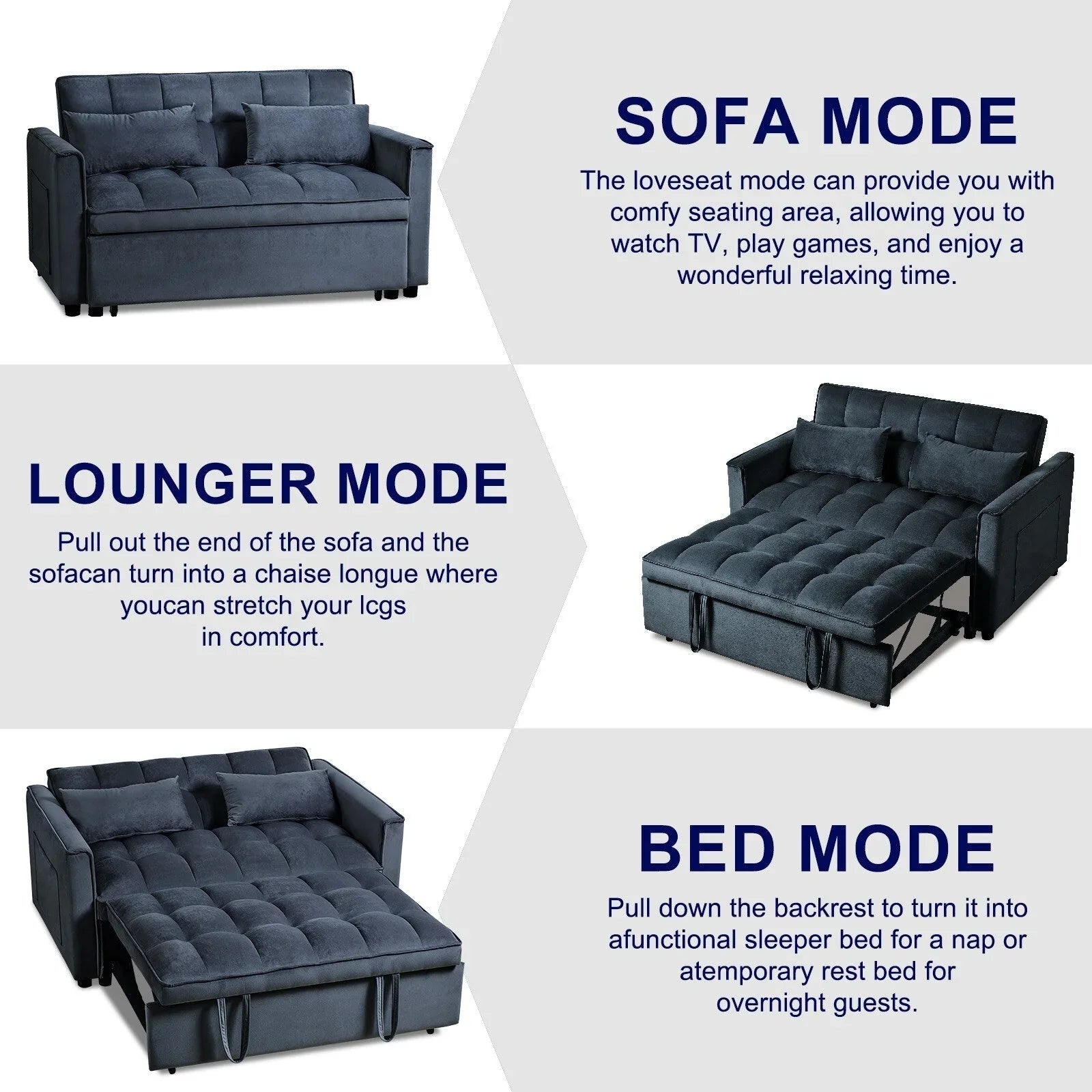 Moderno divano letto estraibile, divano letto 3-in-1 con schienale regolabile, divanetto in velluto, cuscini e tasche laterali