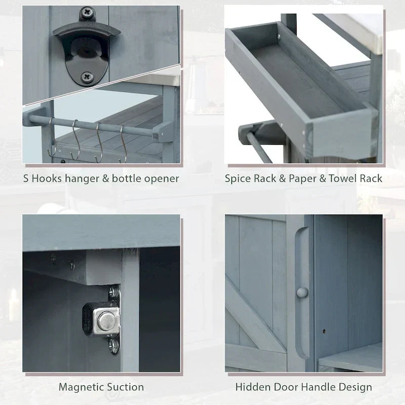 Isola Cucina da Esterno, Carrello Bar con Ruote e Mobile Contenitore, Tavolo per Barbecue in Legno Massello con Piano in Acciaio Inox, Porta Spezie, Porta Asciugamani